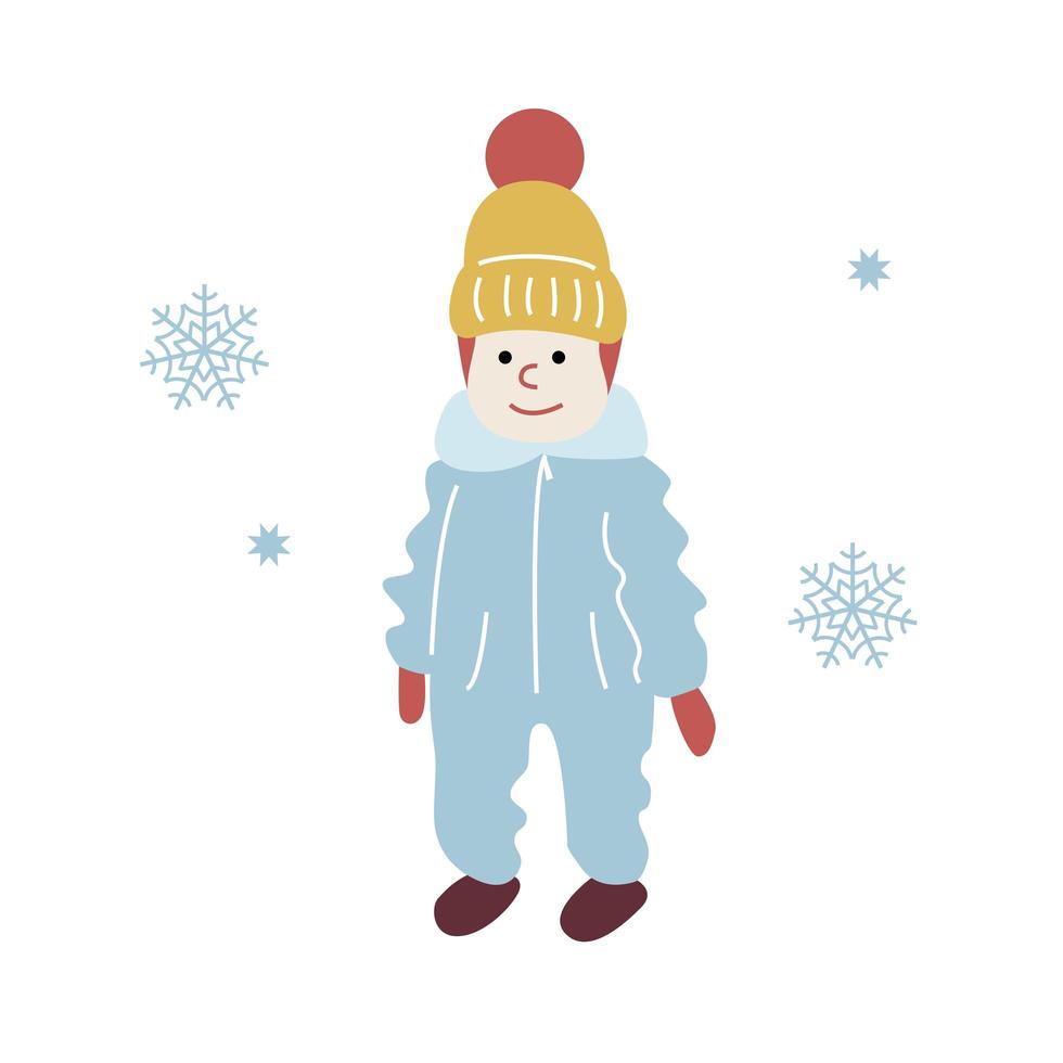 Child on a winter walk. A kid in warm winter clothes among snowflakes smiles and learns to walk. Vector illustration in flat style isolated on white background