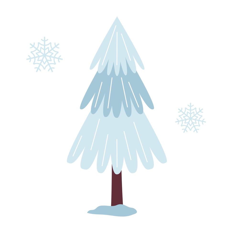 Blue fir tree cartoon, standing in the snow, winter park. Christmas tree. For New Year winter design. Simple vector illustration in flat minimalistic style isolated on white background