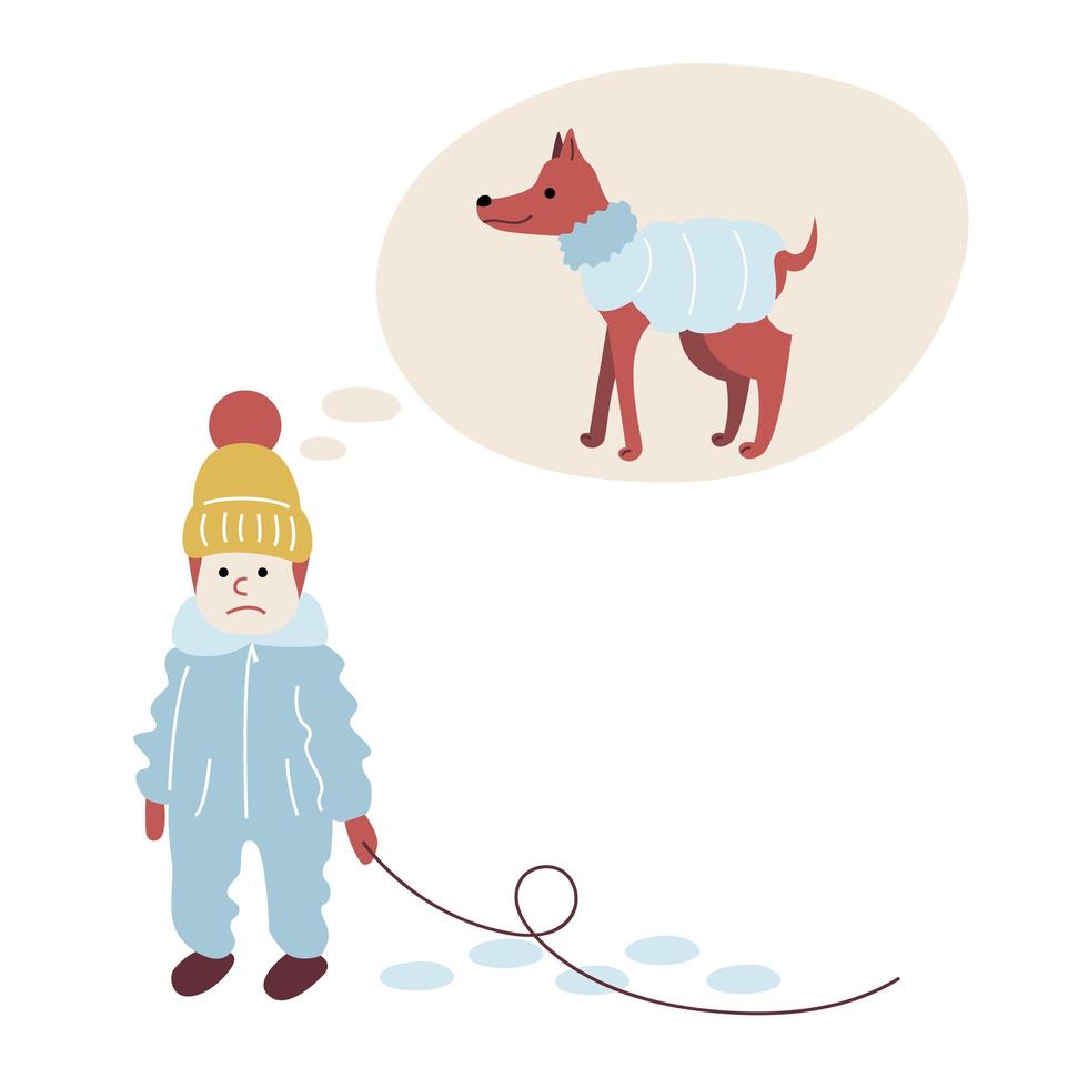 un niño en un paseo invernal juega con un perro. el niño con ropa abrigada de invierno ha perdido a su mascota y la está buscando. ilustración vectorial en estilo plano aislado para cartel, tarjeta, sitio web, banner vector