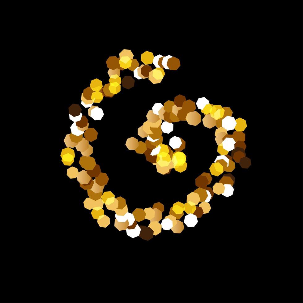 Shining Gold Glitter spiral. Holiday element for, card, decor, invitation, poster, website, banner, festive design. Glittery vector illustration on a black background