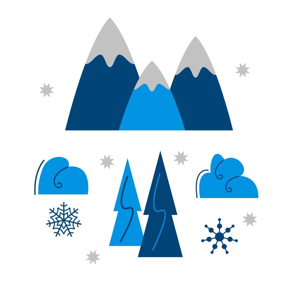 Winter landscape elements. Mountains or hills, snowy peaks, drifts, trees, snowflakes. Design element, site, game. Simple vector illustration in flat style