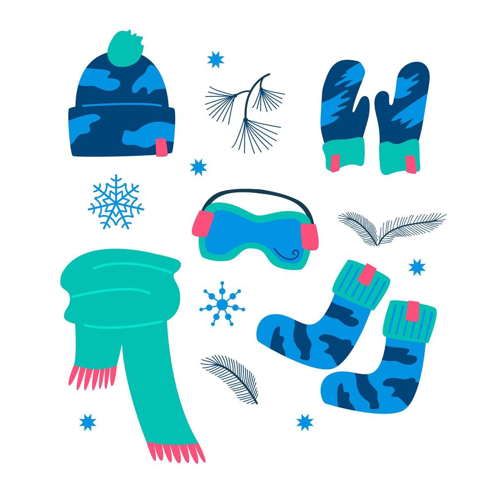 Blue set winter warm sports or ski wear and accessories, mittens, hat, scarf, goggles and socks. Clothed flat vector cartoon illustration of winter-time activity isolated on white background