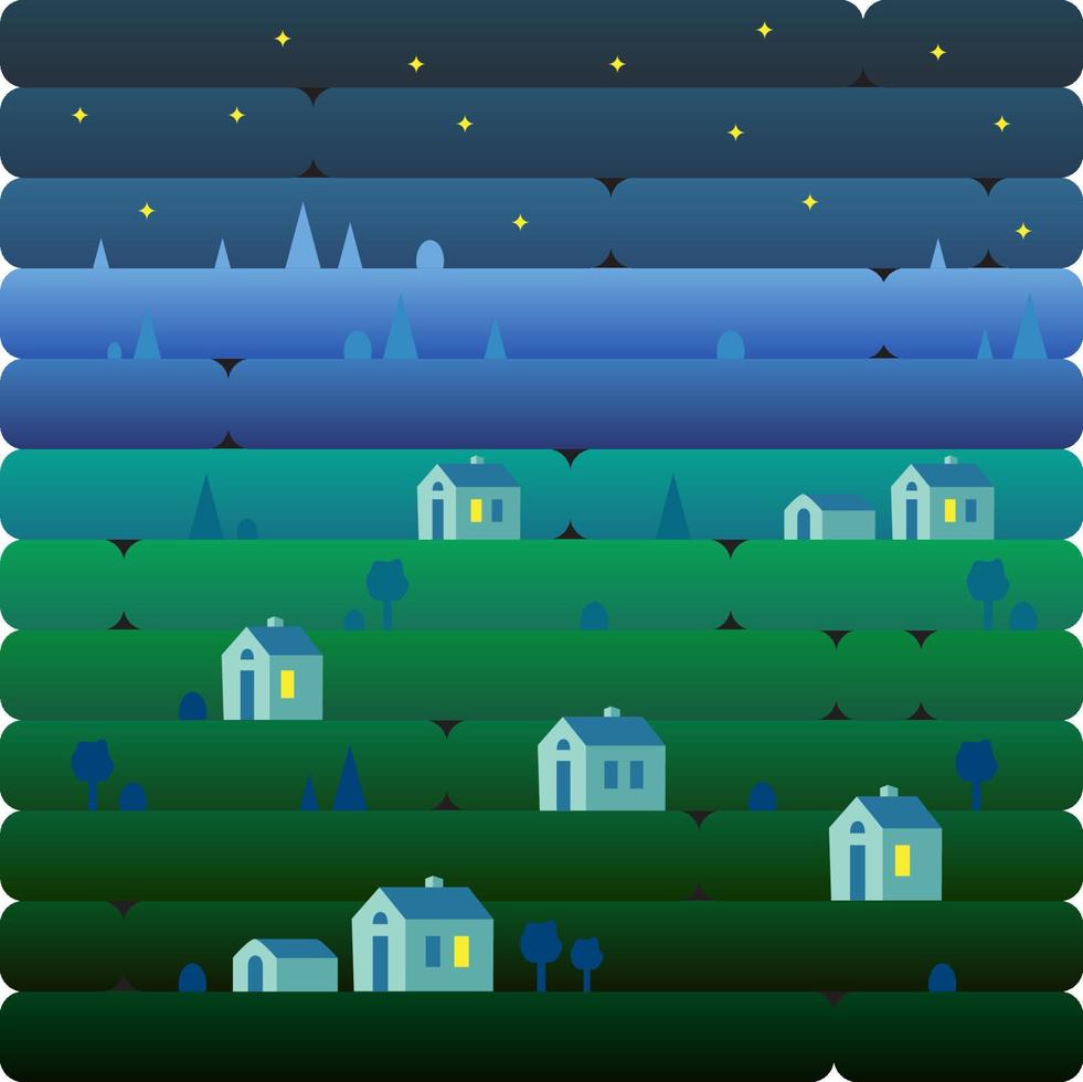 paisaje naturaleza y casitas, pueblo, campo en las colinas por la noche. Ilustración de vector de cielo estrellado en estilo plano y degradado