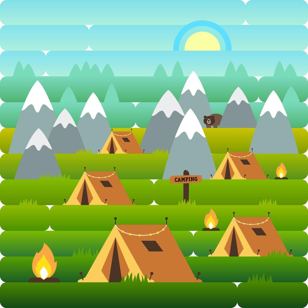 Camping in the mountains, hiking with tents. Landscape. Vector illustration in flat and gradient style