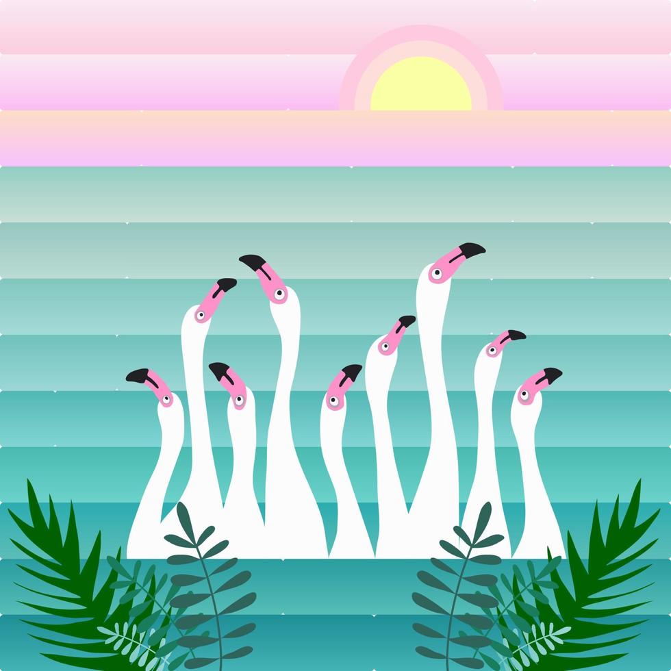 White flamingos on the background of the lake and sunrise, tropical leaves, landscape. Vector illustration in cartoon style
