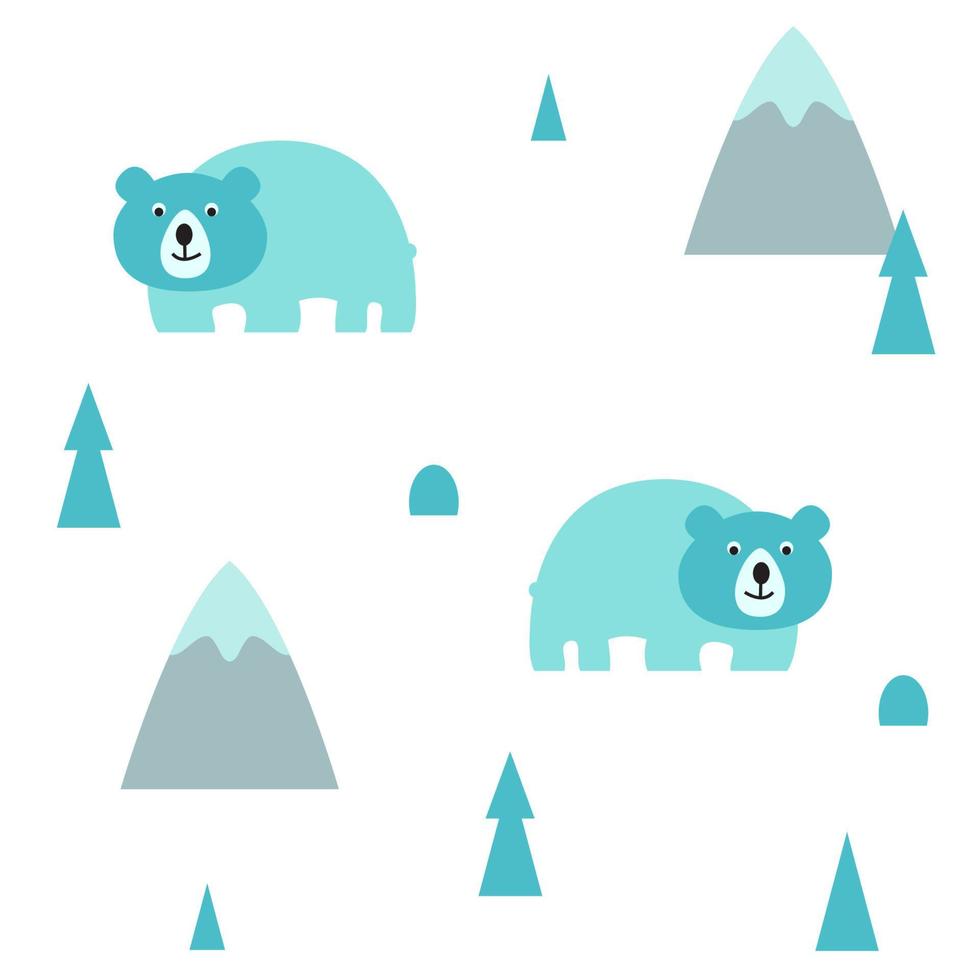 Pattern with bears mountains and trees. For the design of children's things. Cute illustration, background in cartoon, flat style vector