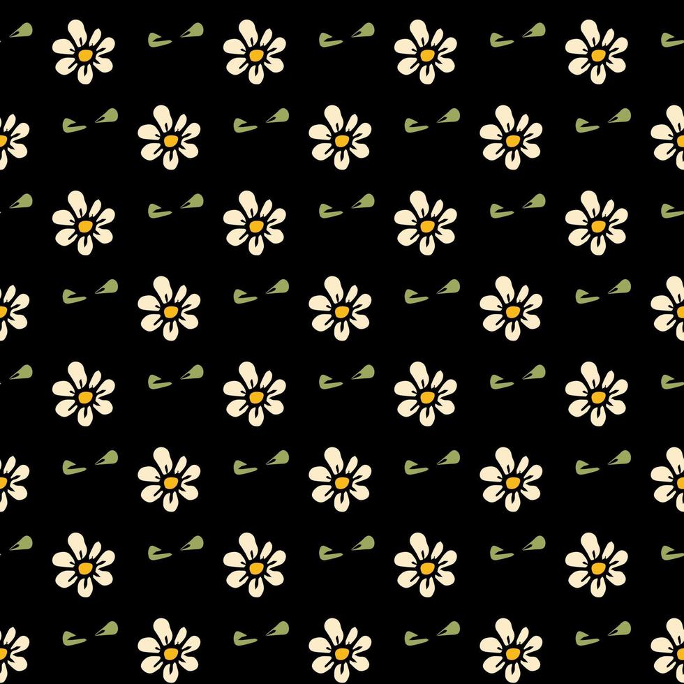 Seamless black pattern with white chamomile flowers. Floral background. White flowers isolated on black background vector