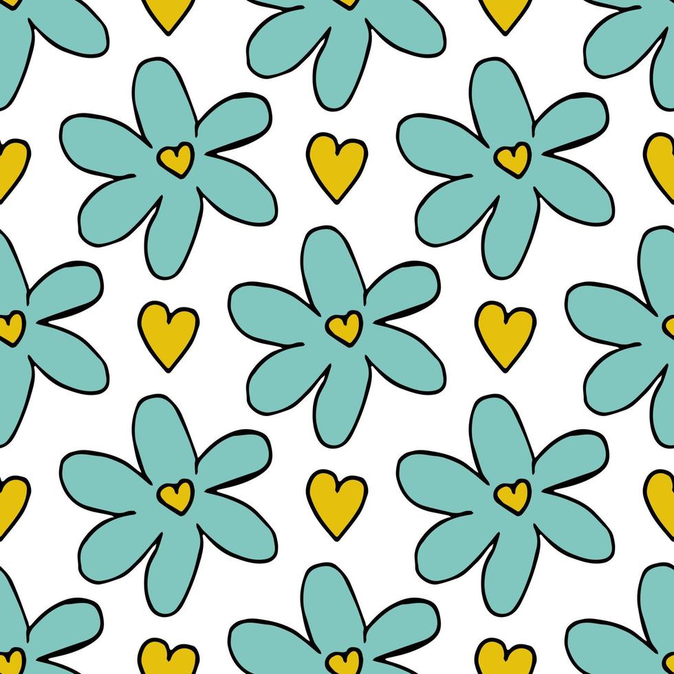 Blue chamomile pattern with yellow hearts on white background. vector