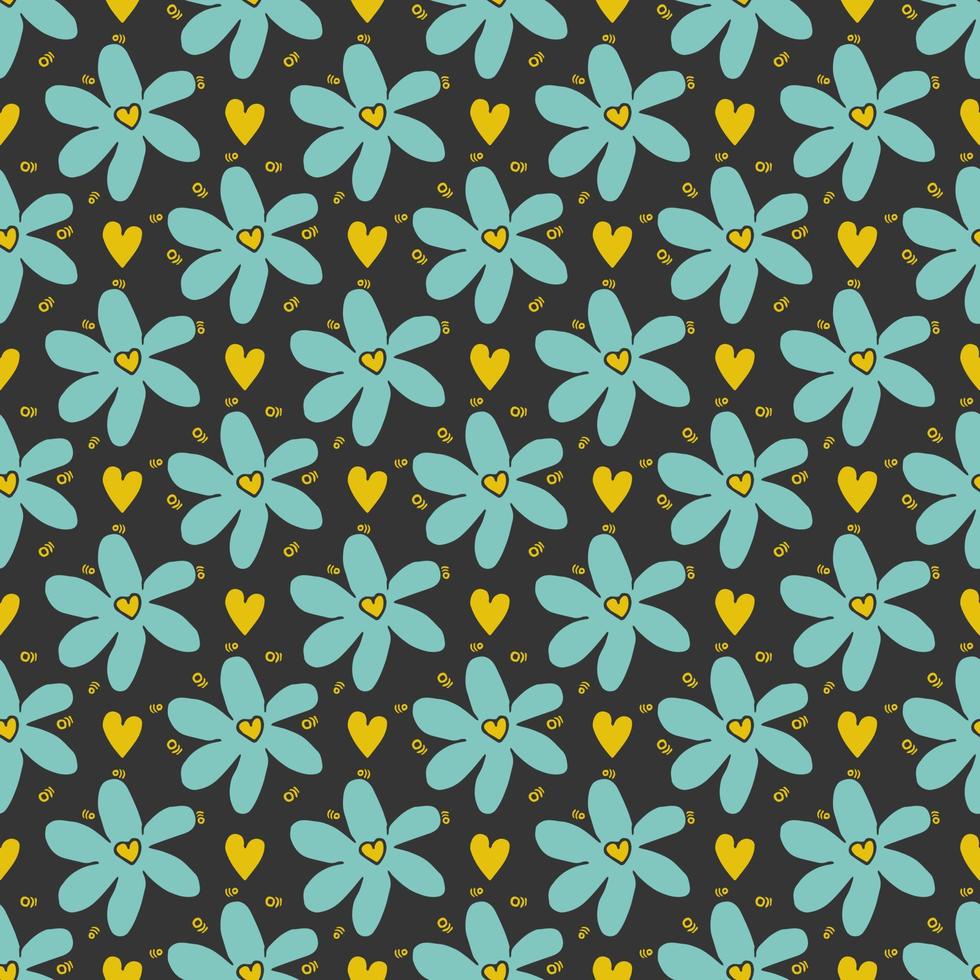 Blue chamomile pattern with yellow hearts on grey background. vector