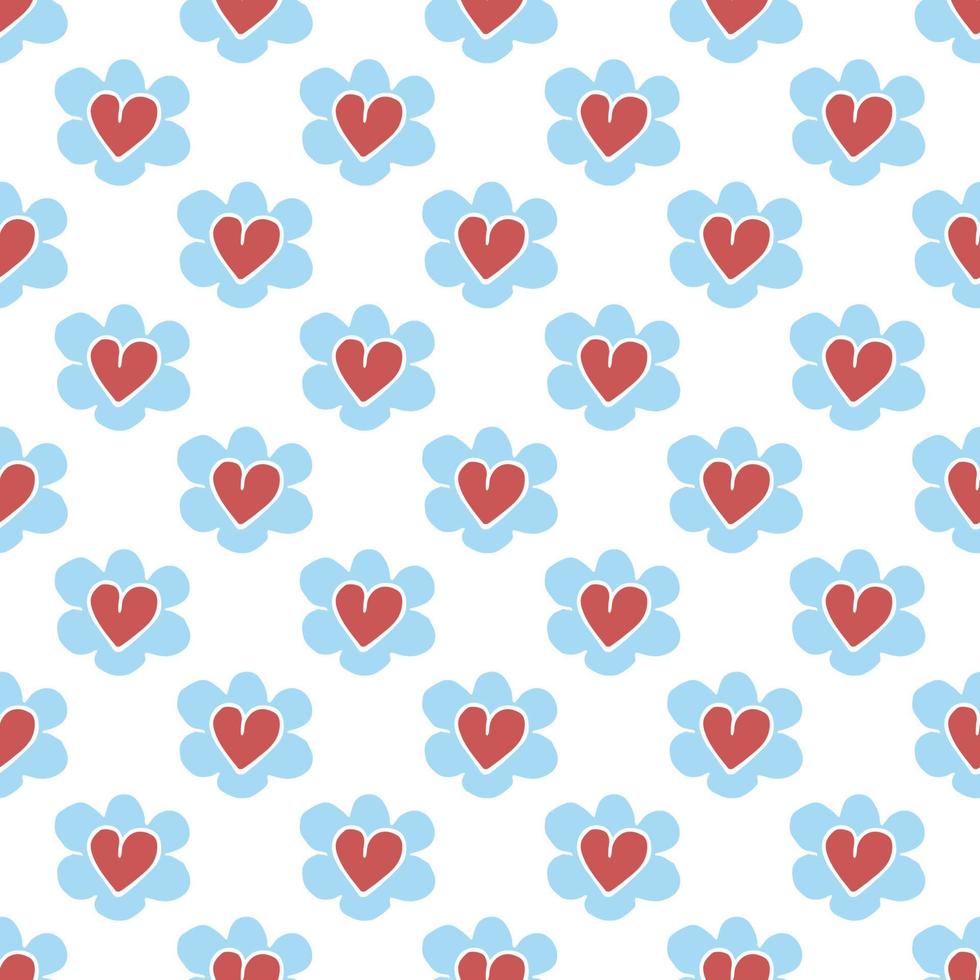 Blue chamomile pattern with hearts on white background. vector