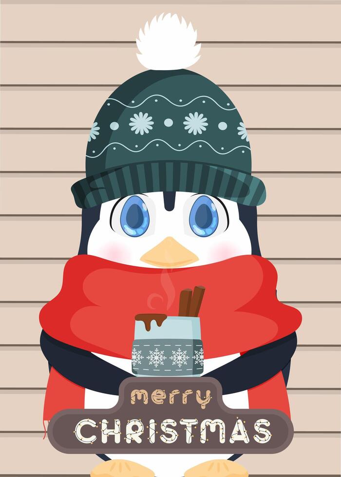 Postcard merry christmas. The penguin is drinking a hot drink. A penguin in warm winter clothes holds a cup in his hands. Vector