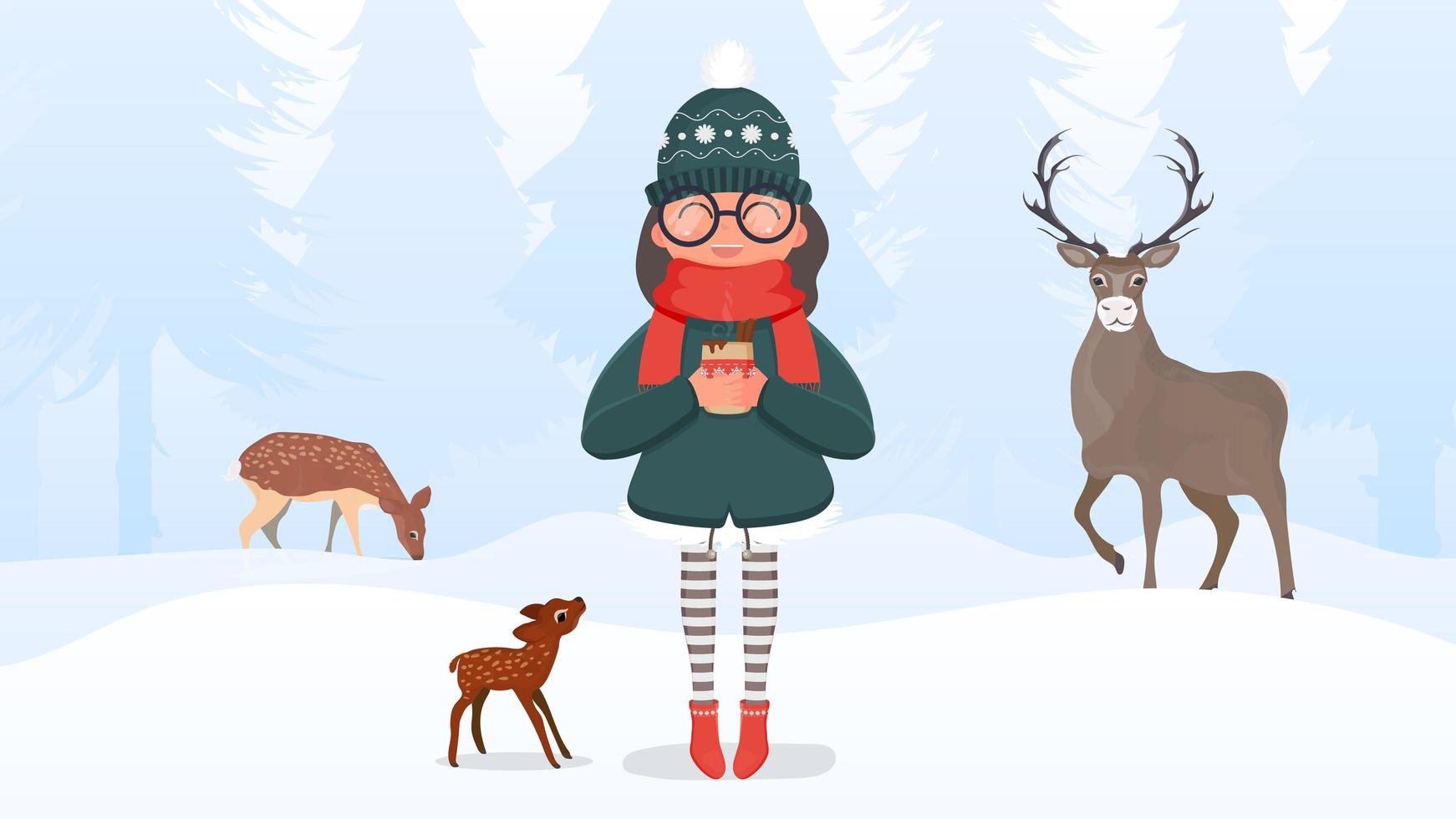 A woman with winter warm clothes and glasses holds a hot drink in her hands. Girl in a snowy forest with deer. Ready-made postcard for a winter theme. Vector illustration.