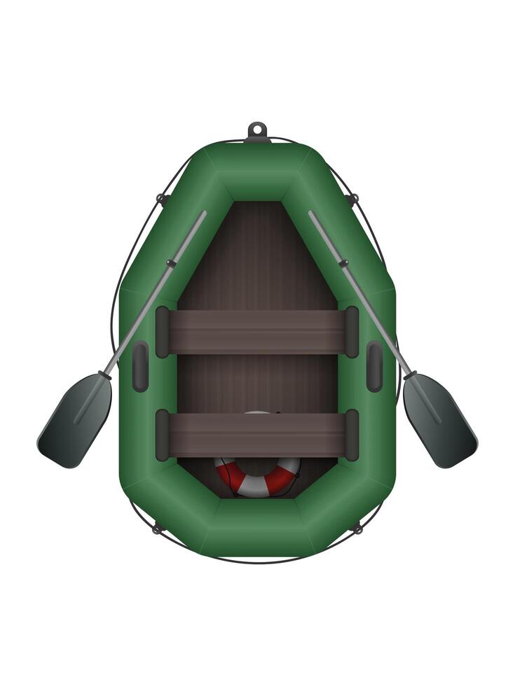 Inflatable green boat with oars top view. For kayaking and rowing design. illustration isolated on white background. Realistic style. vector