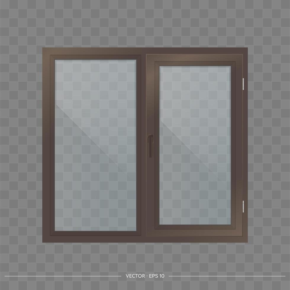 Dark brown metal-plastic window with transparent glasses. Modern window in a realistic style. Vector. vector