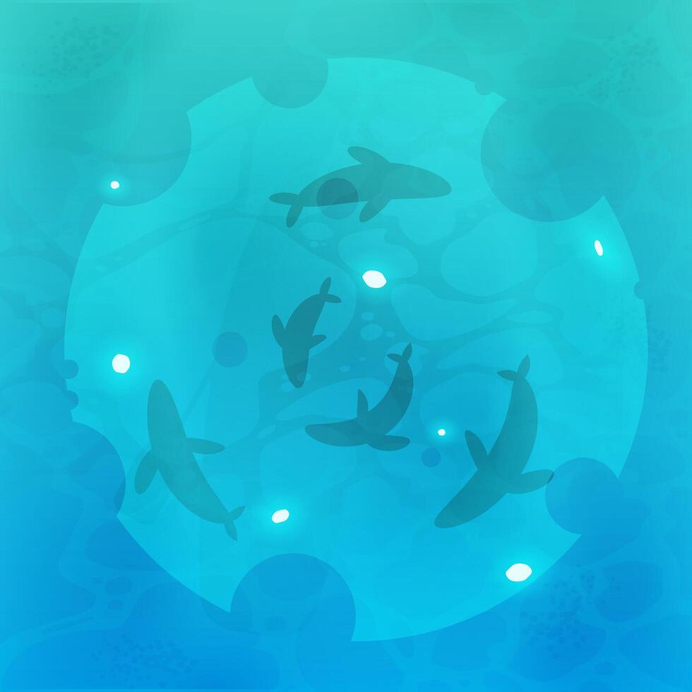 Fish in the water top view. Ocean, river or lake with clear blue water. Square banner. Vector illustration.