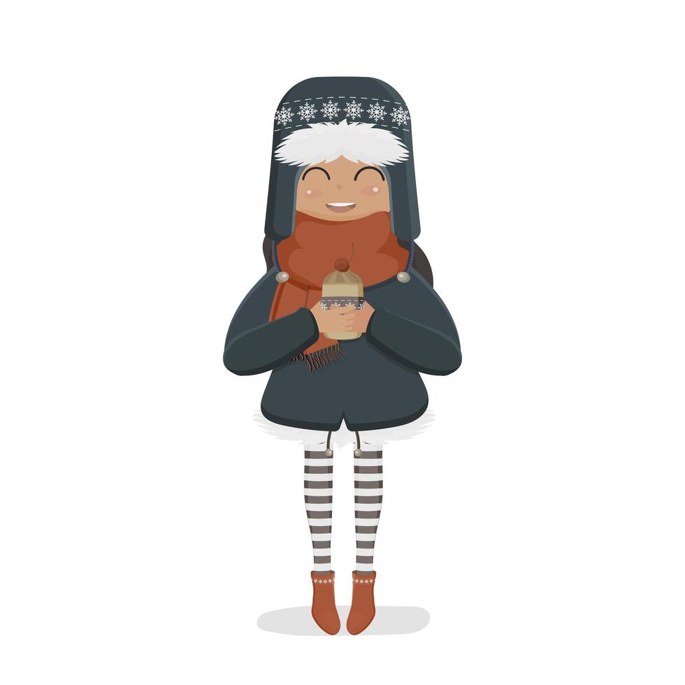 A girl in a winter knitted hat and a red scarf holds a hot drink in her hands. Girl in red boots and striped tights. Vector. vector