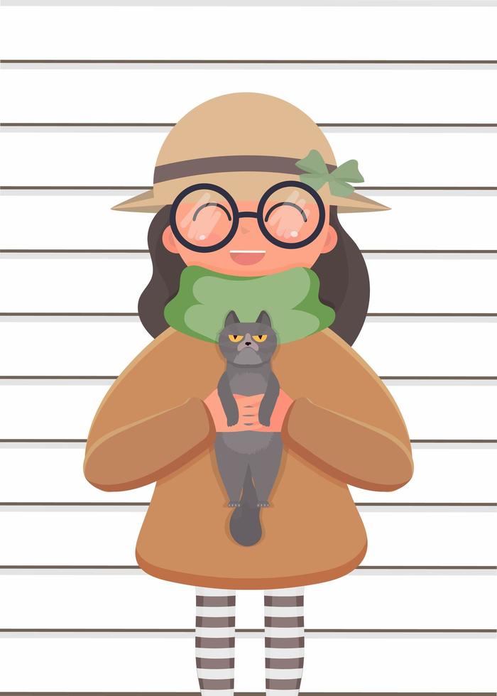 una linda chica con sombrero y gafas tiene un gato en sus manos. adecuado para el diseño de postales y libros. vector