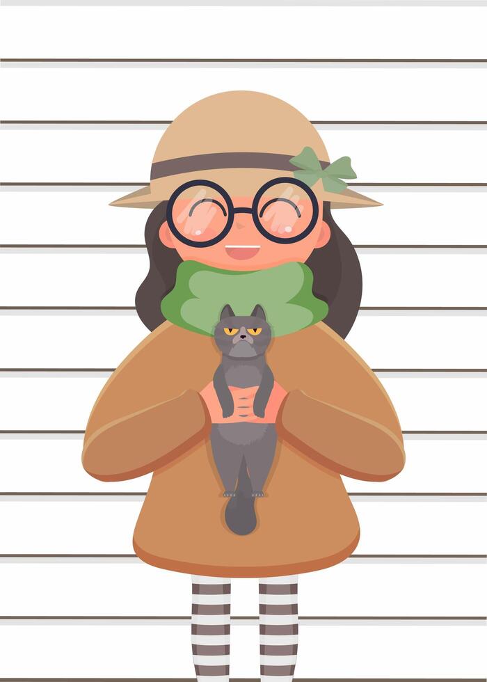 A cute girl in a hat and glasses holds a cat in her hands. Suitable for the design of postcards and books. Vector