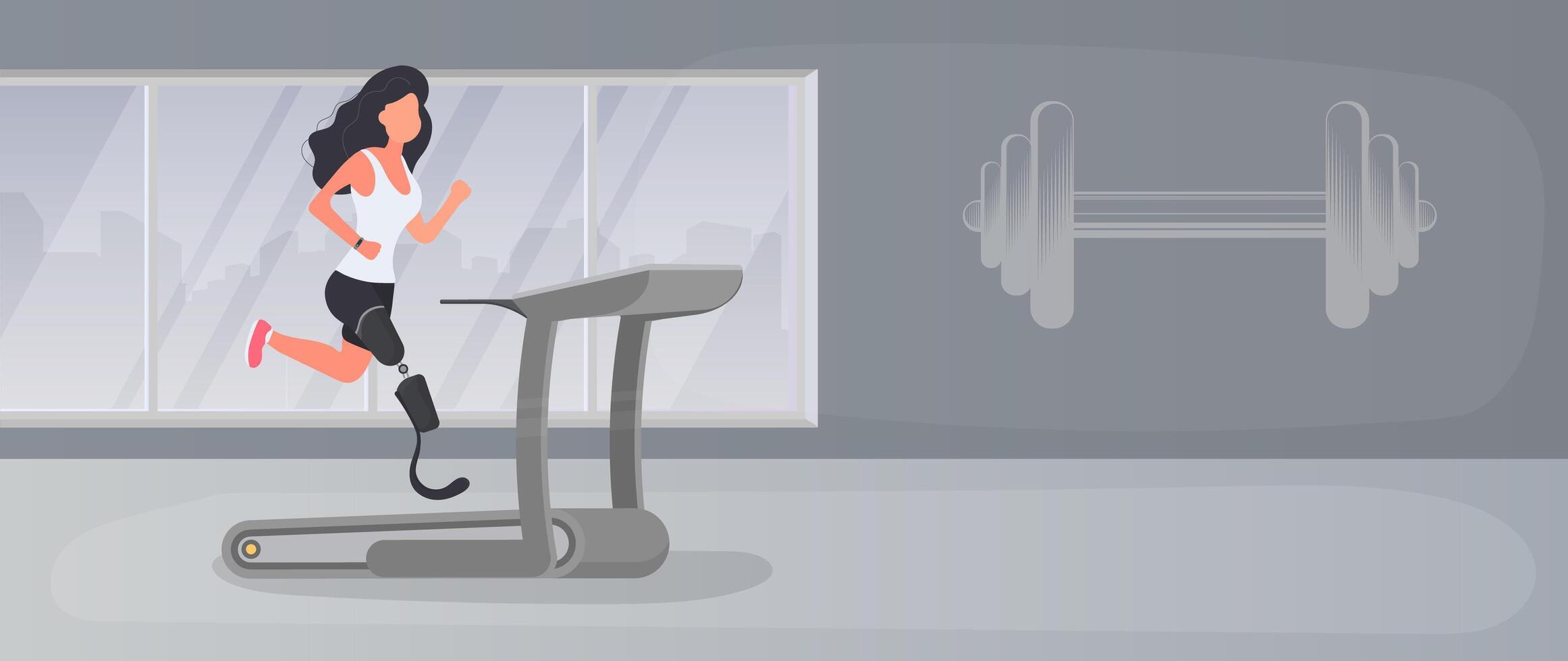 A girl with a prosthetic leg runs on a treadmill. A woman with a robotic leg is exercising in the gym. . vector