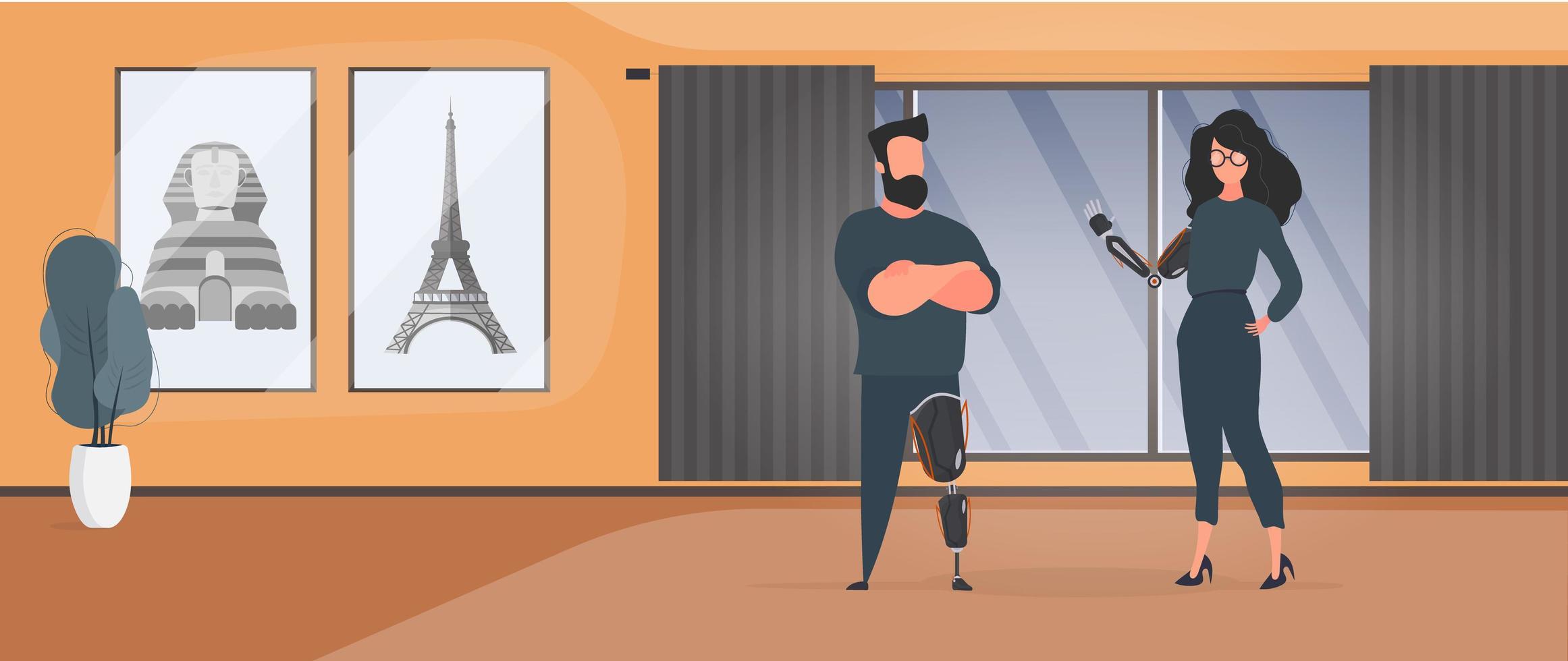 A man with a prosthetic leg and a girl with a prosthetic hand. Special needs concept. Vector. vector