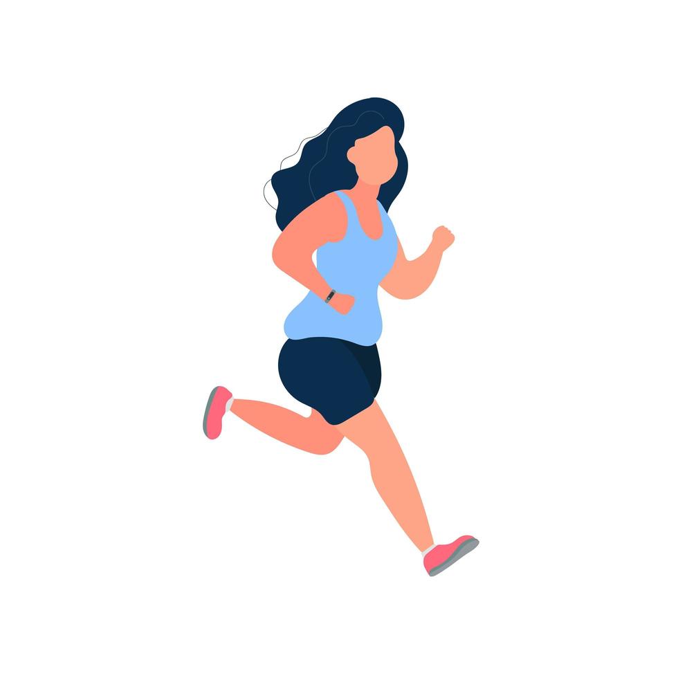 Fat girl is running. A running fat woman sports concept of weight loss and healthy lifestyle. Isolated. Vector