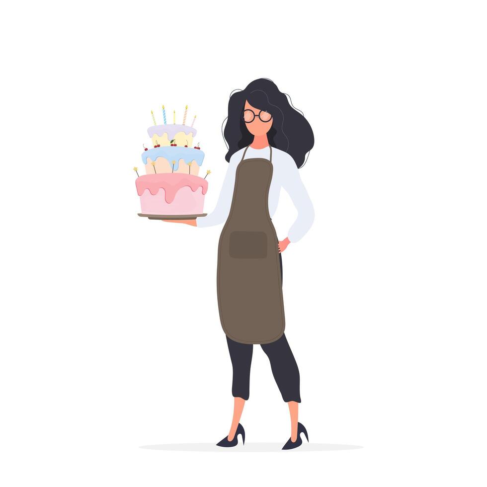 A woman in an apron holding a cake vector