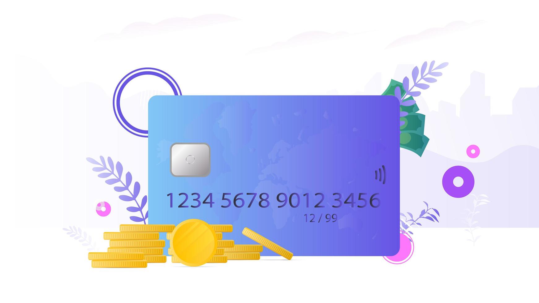 Banner on the theme of finance. Credit card, gold coins, dollars. Concept of saving money, cashback or payment. Vector. vector