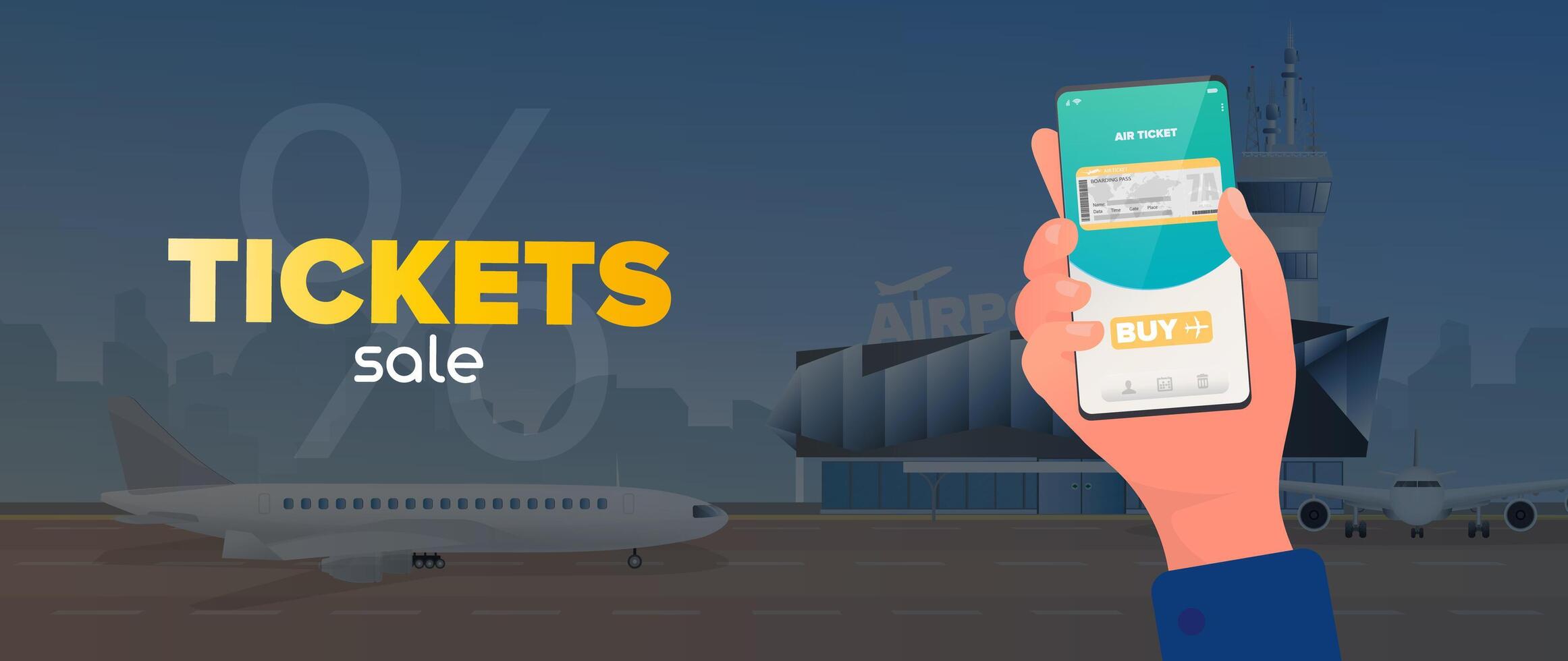 Ticket sale banner. Discount on air tickets. Online reservation. Modern airport. Runway