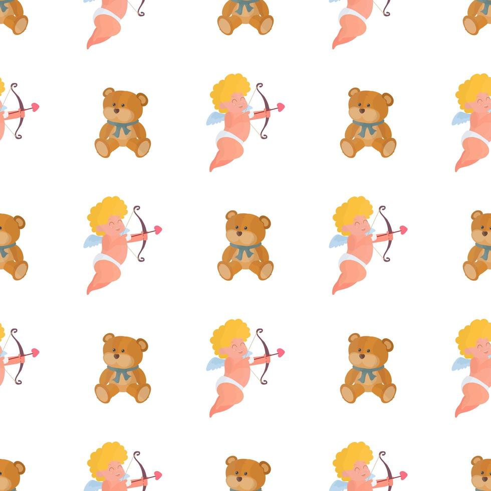 Seamless pattern with cupid and teddy bear. Festive pattern. Suitable for postcards, backgrounds, books and posters. Vector illustration.