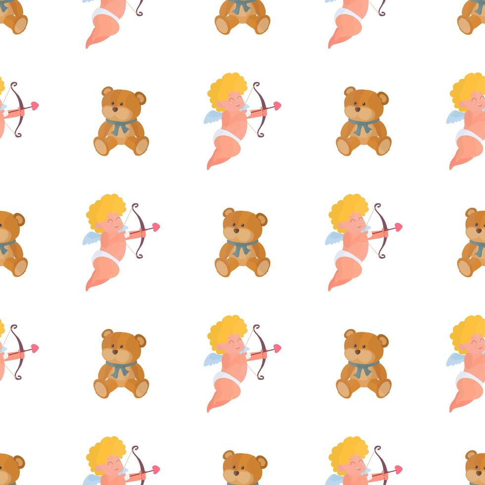 Seamless pattern with cupid and teddy bear. Festive pattern. Suitable for postcards, backgrounds, books and posters. illustration. vector