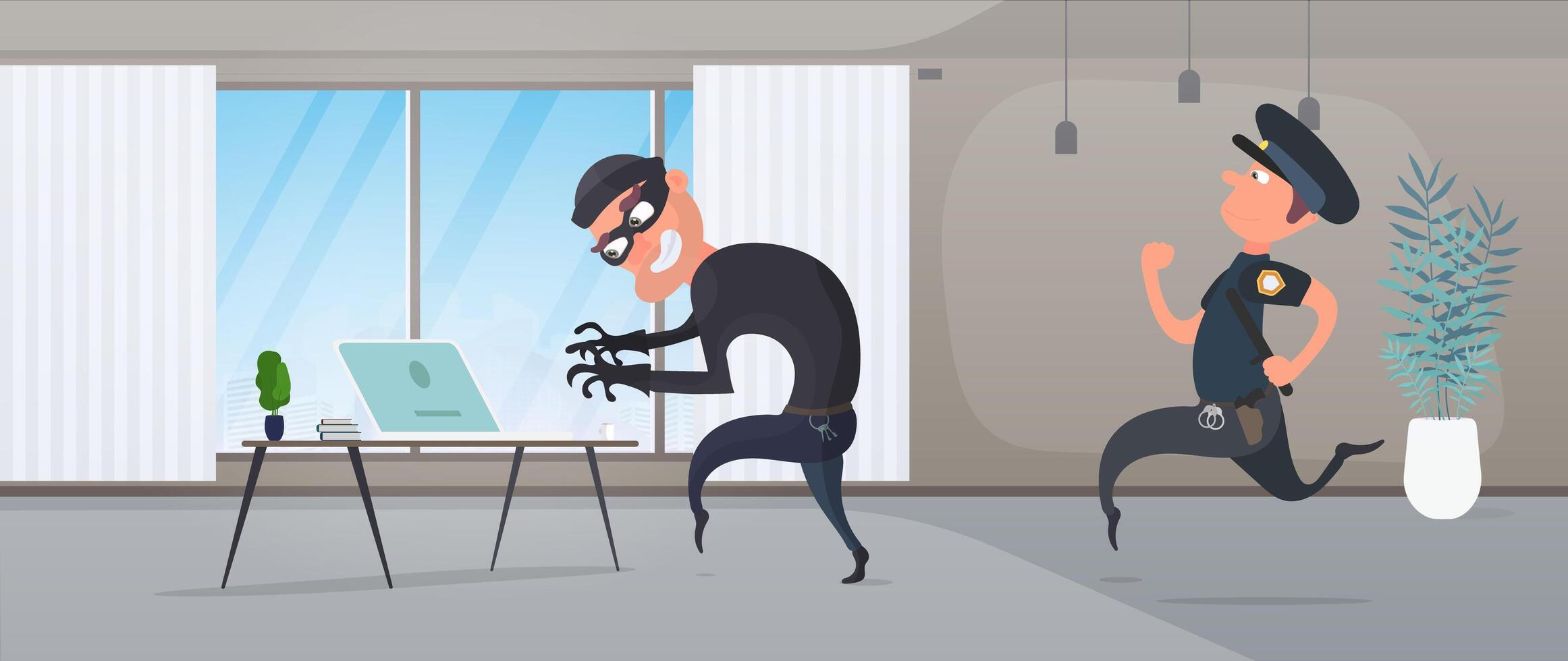 A burglar steals a laptop in the house. A police officer detains a robber. Security concept, protection of personal data. . vector