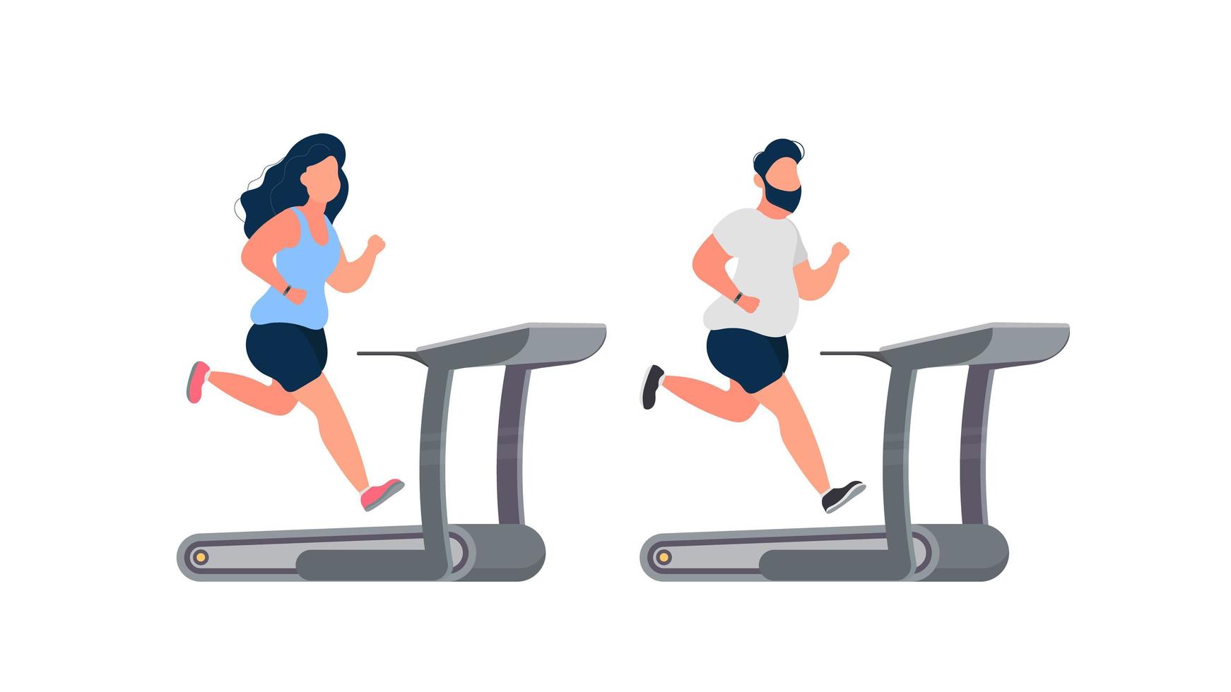 Set of running fat people on a treadmill. Fat man and woman run on the simulator. The concept of losing weight and a healthy lifestyle. Isolated. Vector