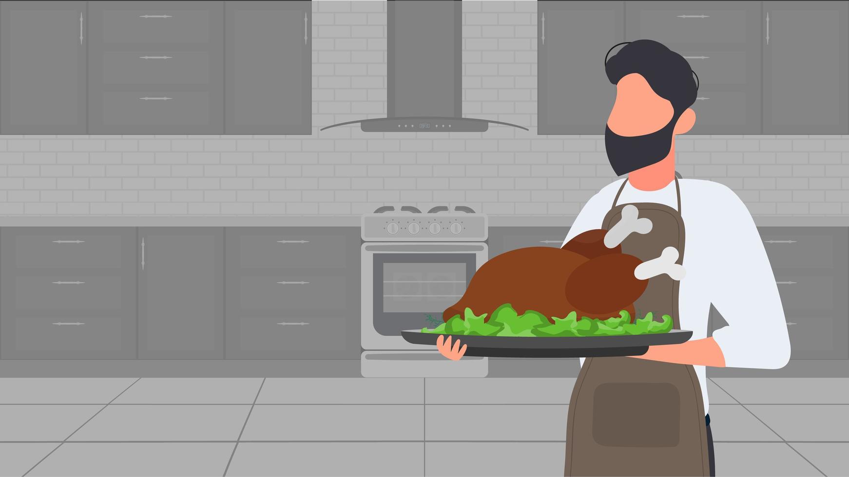 A man holds a roast turkey in his hand. The guy in the kitchen apron is holding fried chicken. Good for banners and articles on the culinary theme. Vector. vector