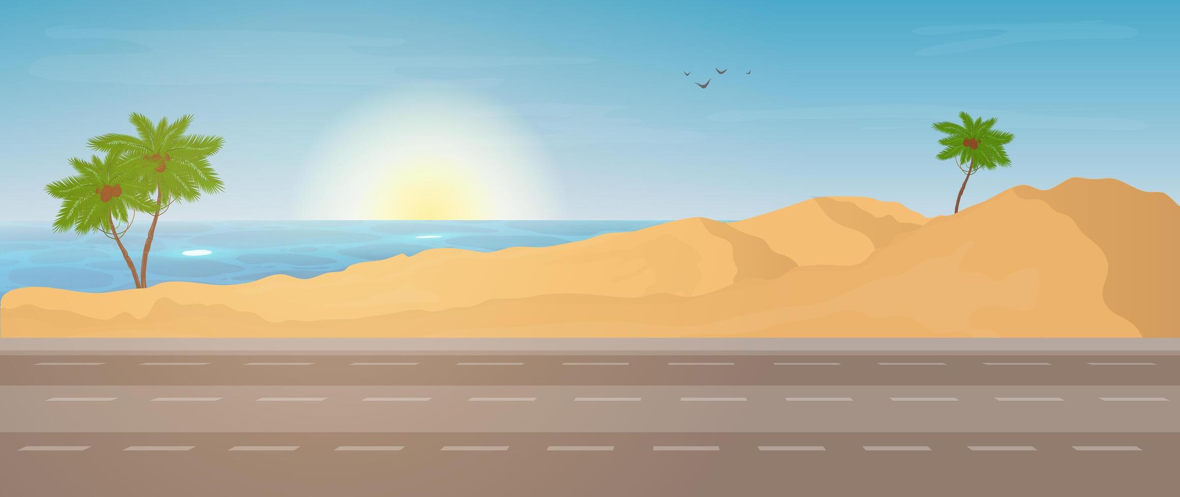 Vector scene of the road to the sea. Sea view. Tourist trip.