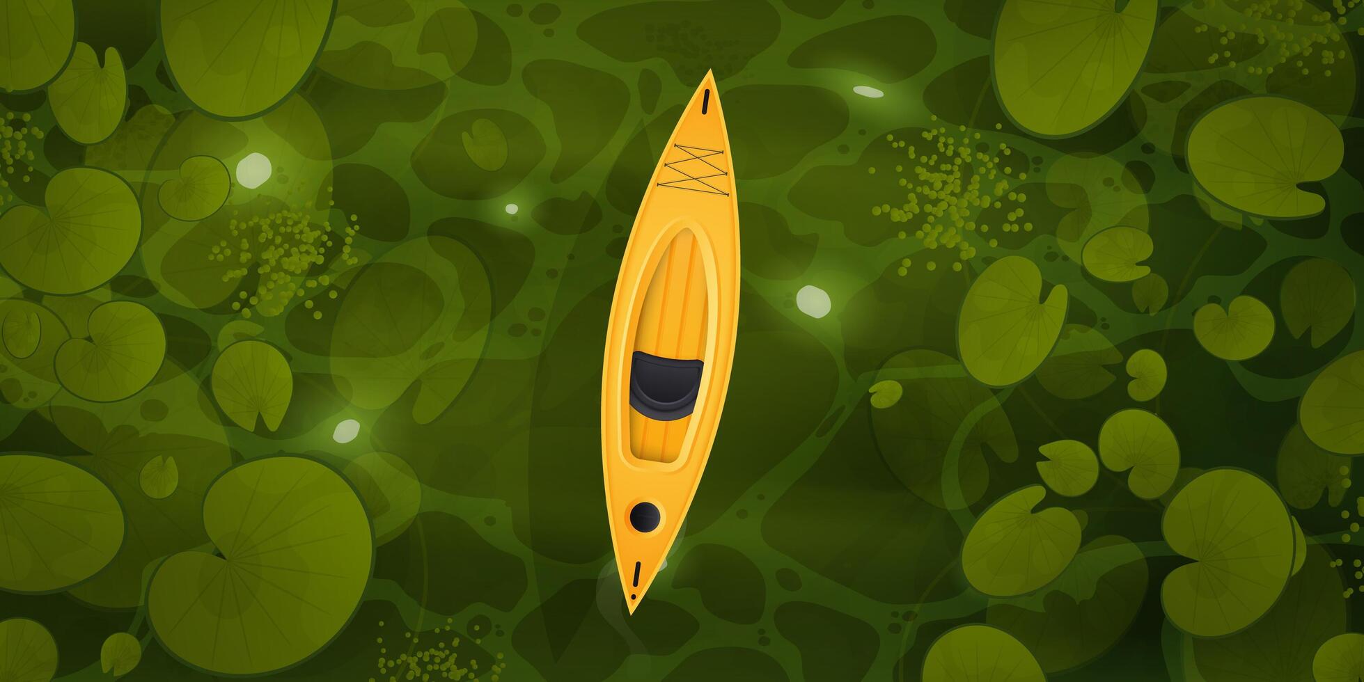 A yellow kayak floats through a swamp with water lily leaves, top view. Landscape of green river or ocher surface with aquatic plants. Vector cartoon style