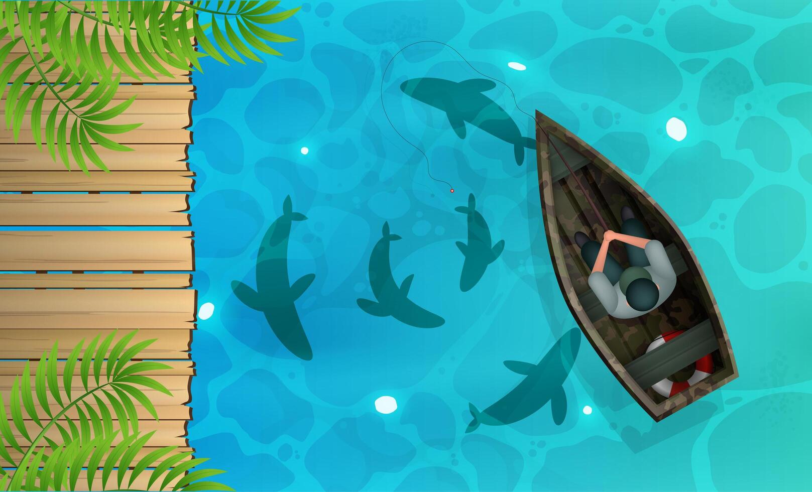 Lake with a wooden pier and a fisherman in a boat. Vector illustration