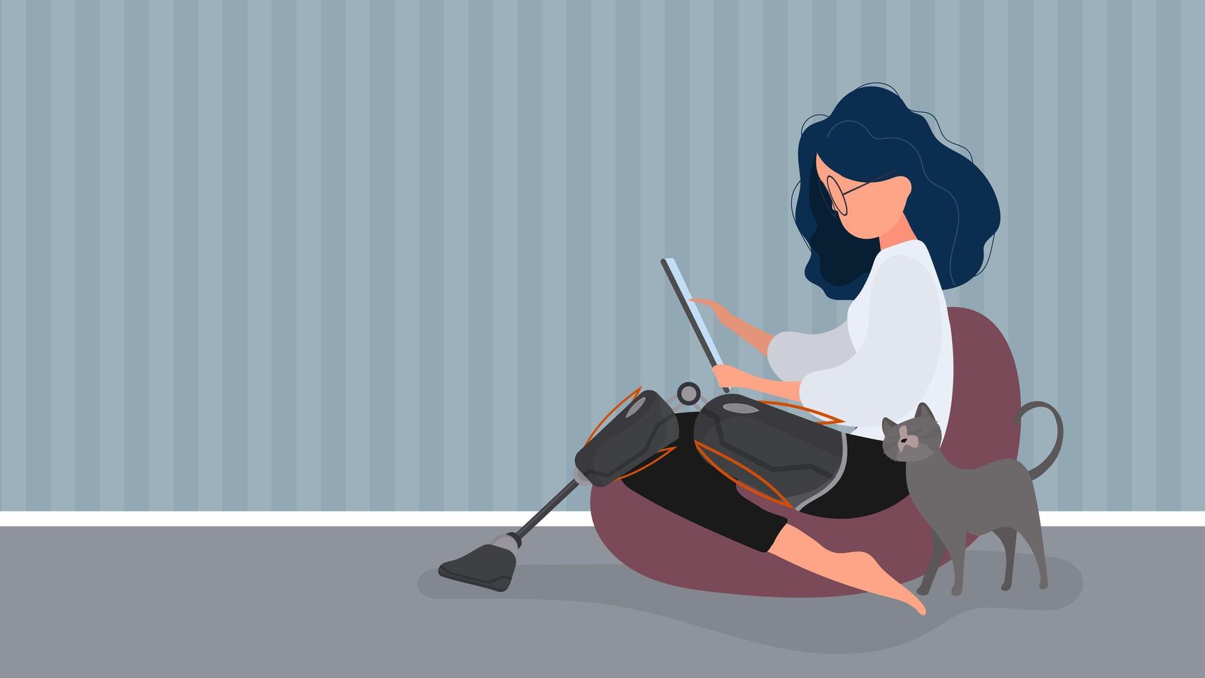 A girl with a pink prosthetic leg sits on a pouf. The concept of people with additional needs. Vector. vector