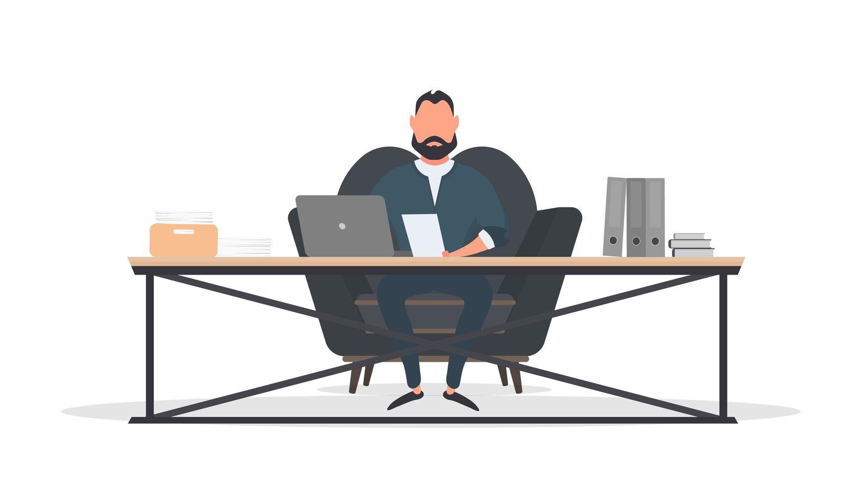 Businessman works at a laptop. Director's workplace. Laptop, documents, books, loft-style table. Isolated. Vector. vector