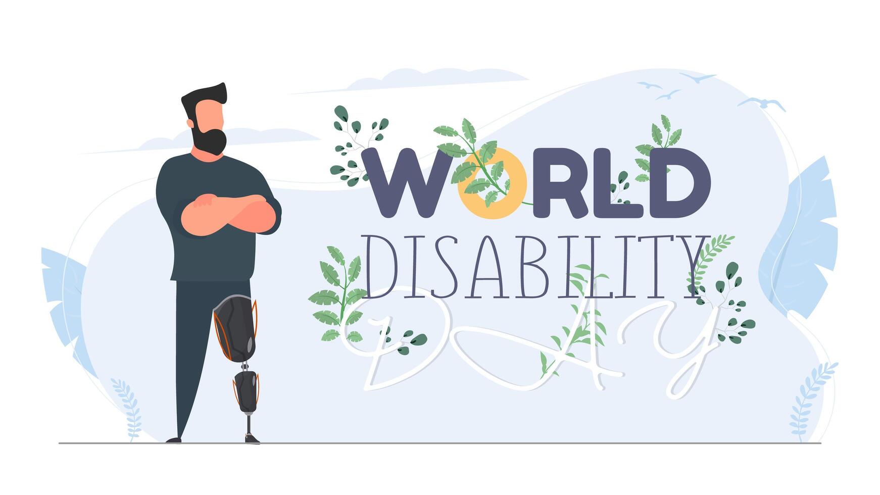 banner del día mundial de los discapacitados. día internacional de las personas con discapacidad. un hombre con una prótesis de pierna. vector. vector