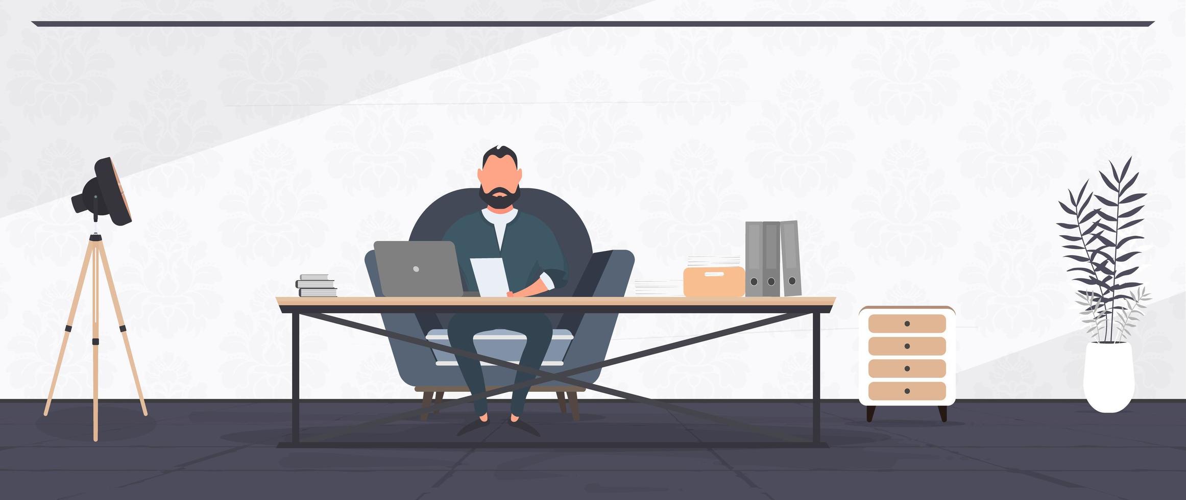 un tipo con gafas se sienta en una mesa en su oficina. un hombre trabaja en una computadora portátil. oficina, sofá, estantería, hombre de negocios, lámpara de pie. concepto de trabajo de oficina. vector. vector