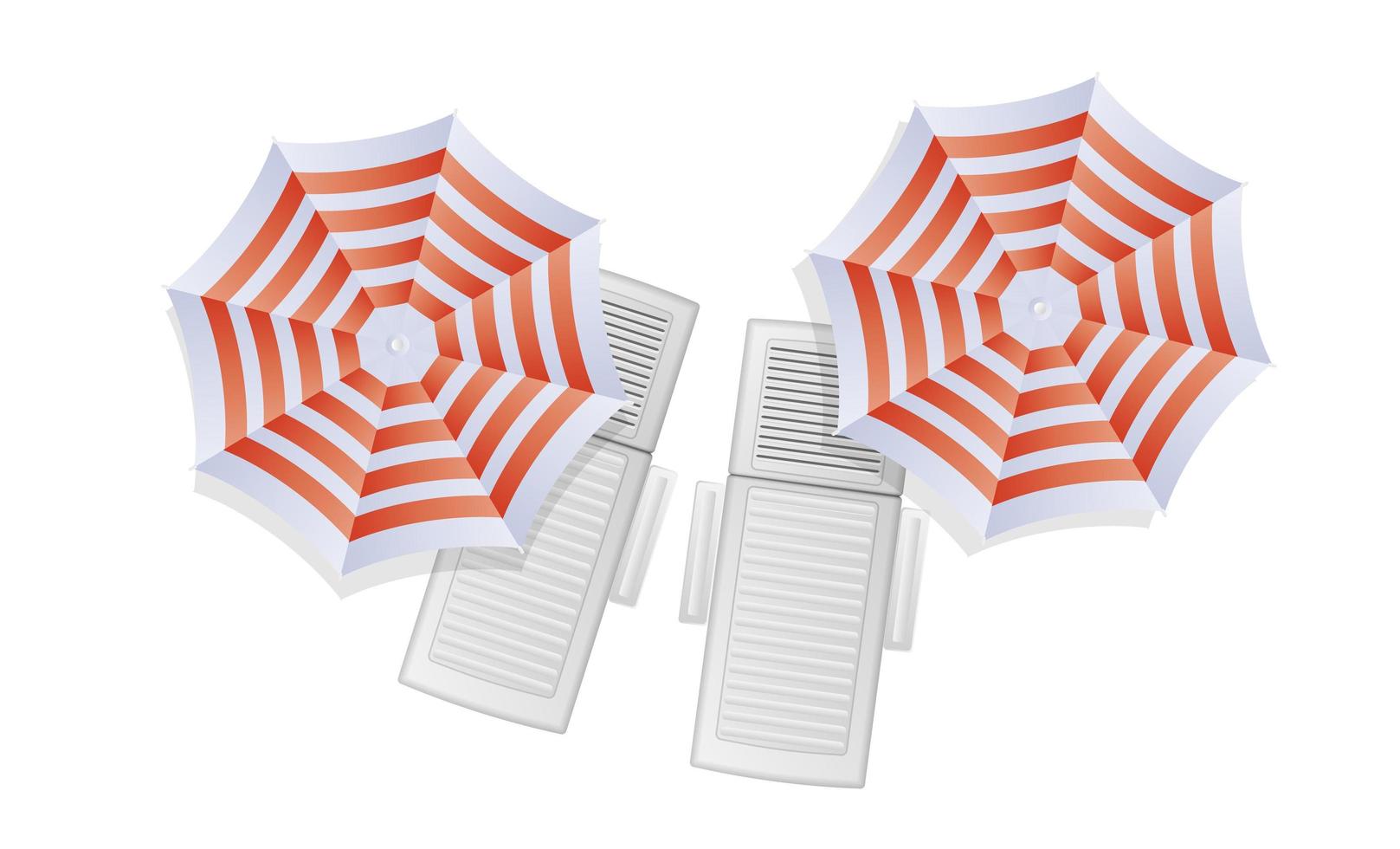 Deck chairs with sun umbrellas top view isolated on white background. Vector illustration.