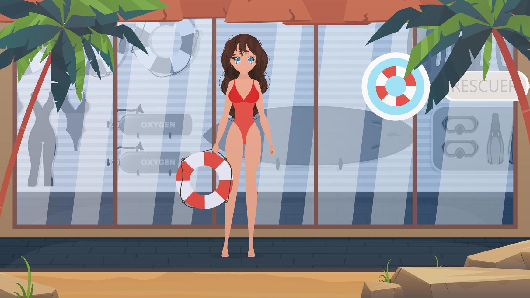 Beach lifeguard woman. Beach lifeguard room. Cartoon style. Vector