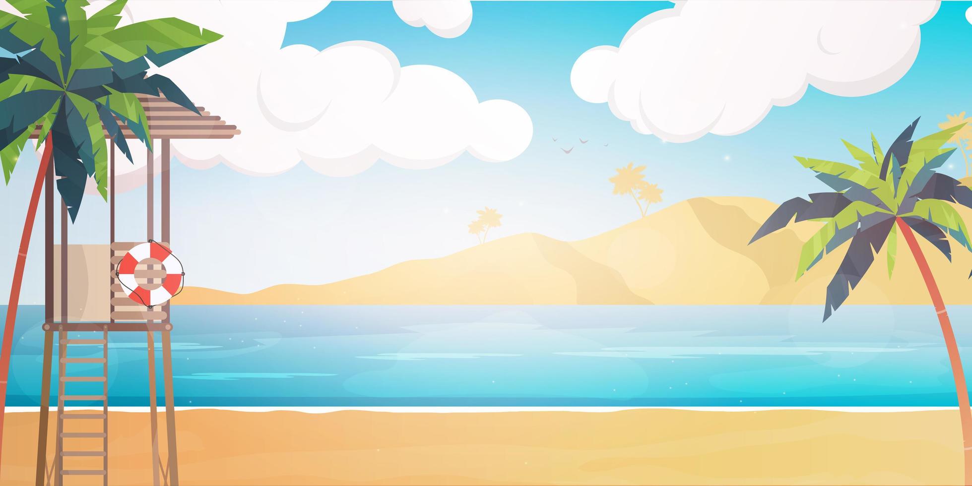 playa con puesto de salvamento. Ilustración de verano en estilo de dibujos animados. vector
