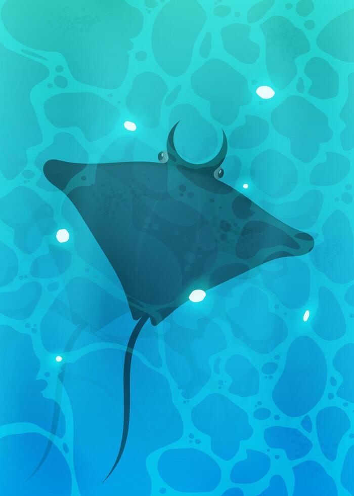 Azure water of the ocean. Turquoise surface of water in the ocean with fishes. Manta ray, oriental carp. Background for a summer poster, foyer or postcard. Vector. vector