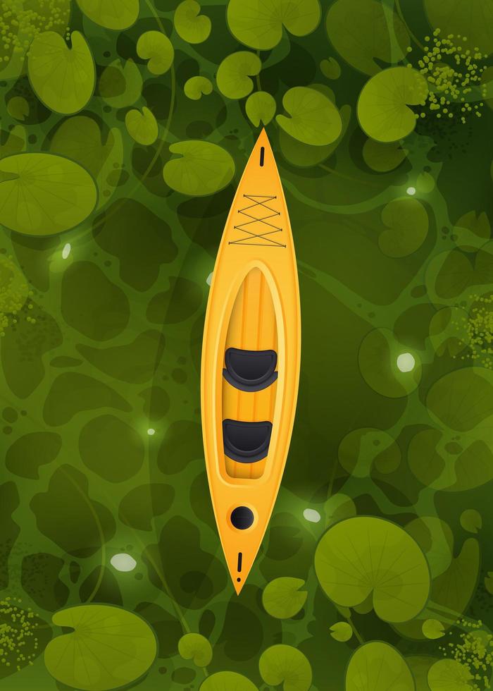A yellow kayak floats through a swamp with water lily leaves, top view. Landscape of green river or ocher surface with aquatic plants. Vector