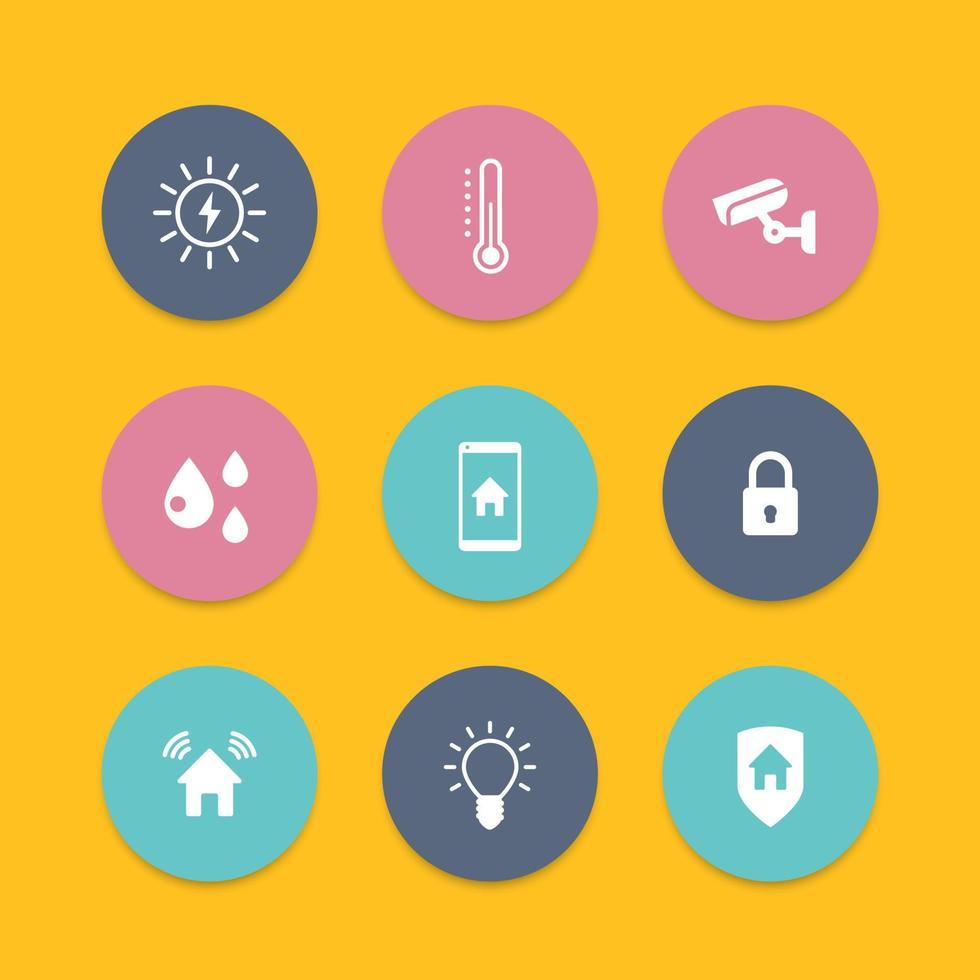 Smart house round flat icons, cctv, security, signalling, light, temperature control icons, vector illustration
