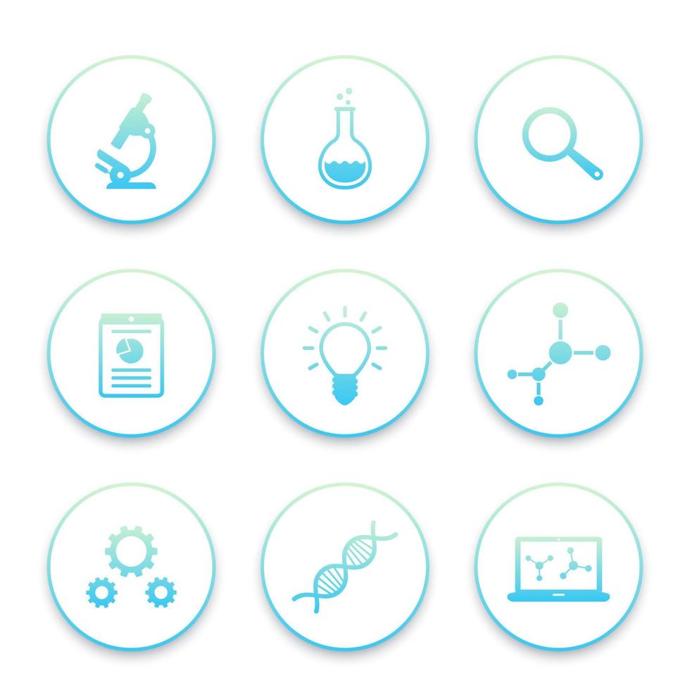 Science icons set, research, laboratory, microscope, dna chain, lab glass, molecule vector