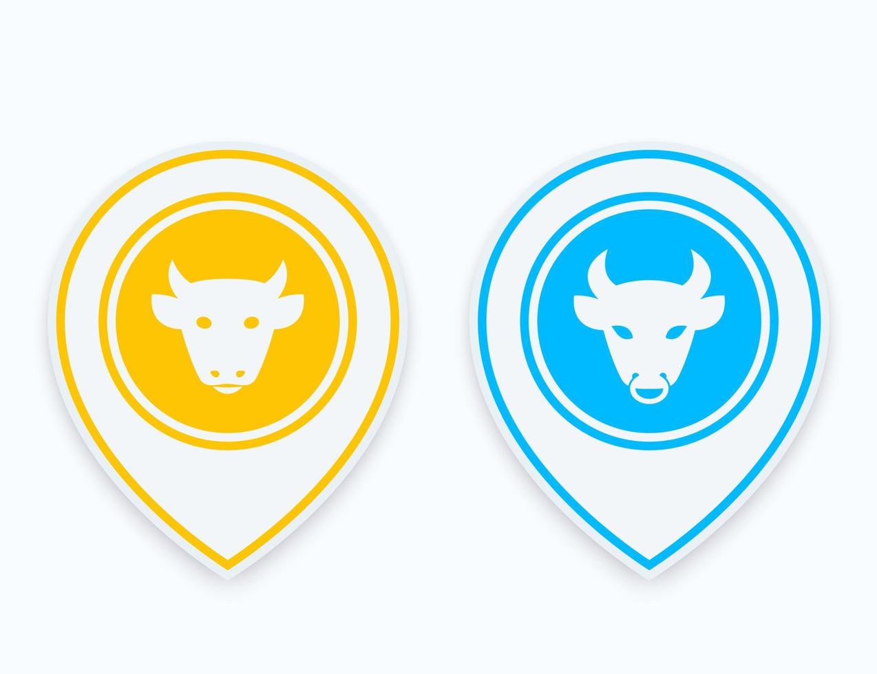 cow and bull, cattle ranch icons on markers, vector illustration