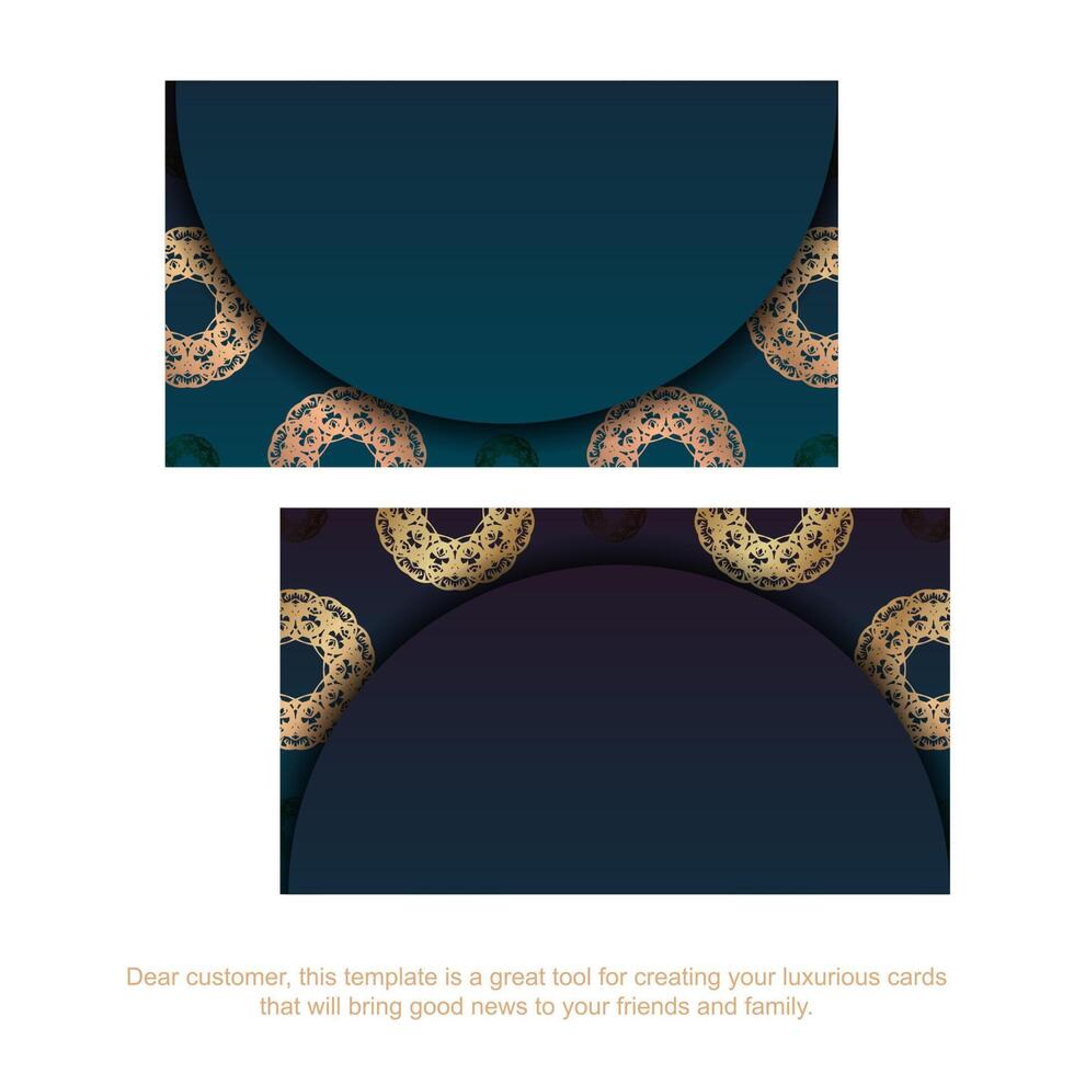 Gradient blue business card with mandala gold ornament for your personality. vector