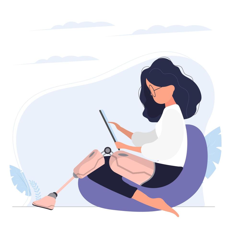 A girl with a pink prosthetic leg sits on a pouf. The concept of people with additional needs. Vector. vector